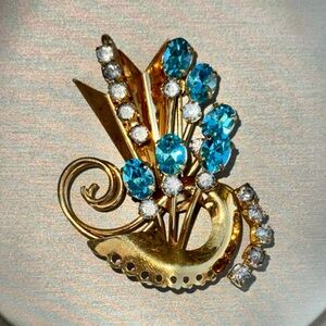 Vintage Antoinette 12K Gold-Filled Floral Rhinestone Aqua & Clear Crystal Brooch